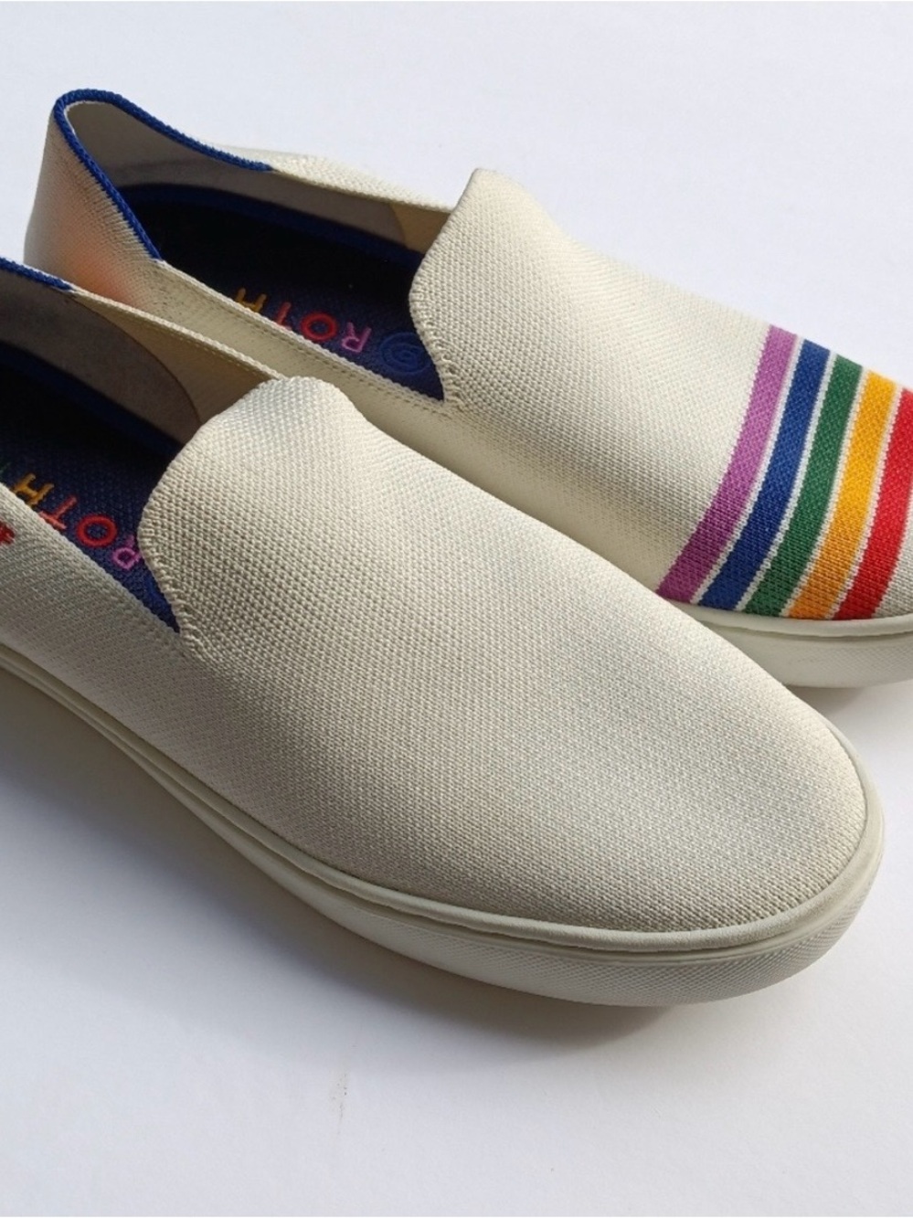 Rothy's Cream Slip-On Loafers with Rainbow Stripe Accent